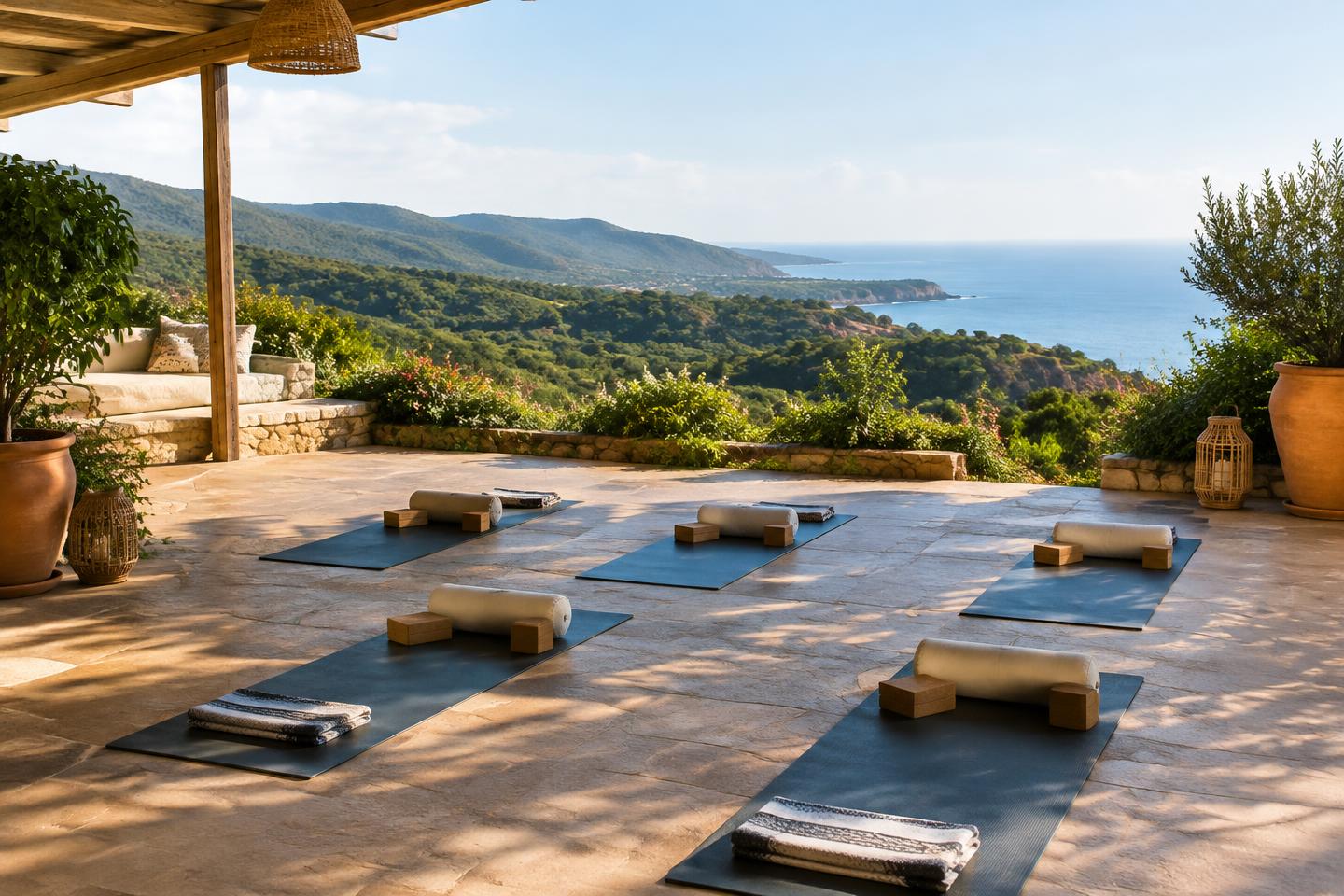 Yoga terrace overlooking coastal hills