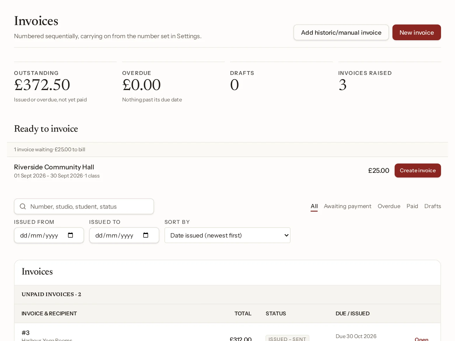 Sangha invoices page with money outstanding, a studio ready to invoice and unpaid invoices