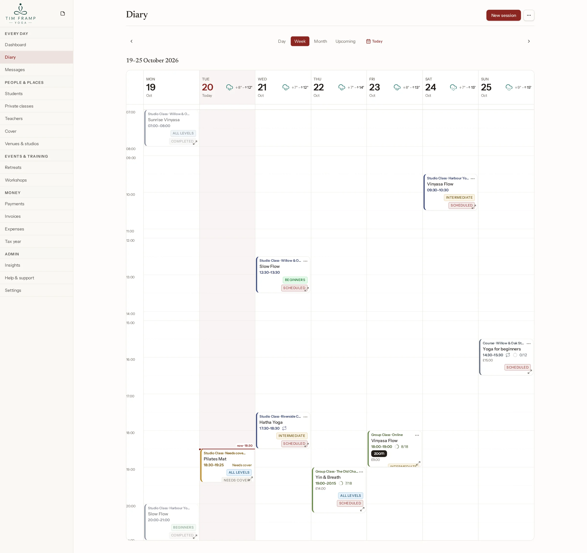 A full week in Sangha's diary: studio classes, a course, online and in-person classes across several venues