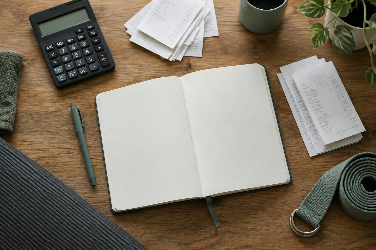 Calculator, notebook and receipts
