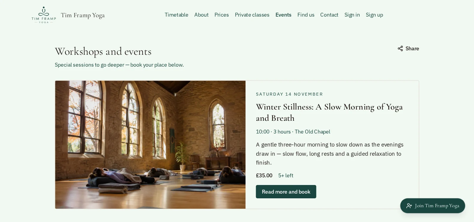 A teacher's Sangha website showing an upcoming workshop