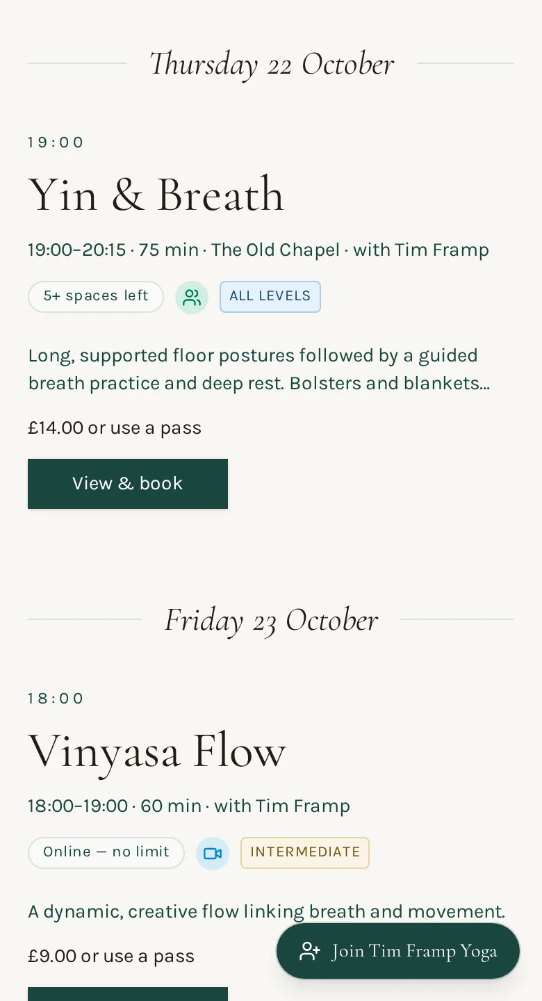 A teacher's Sangha booking page on a phone, listing Yin & Breath at The Old Chapel for £14