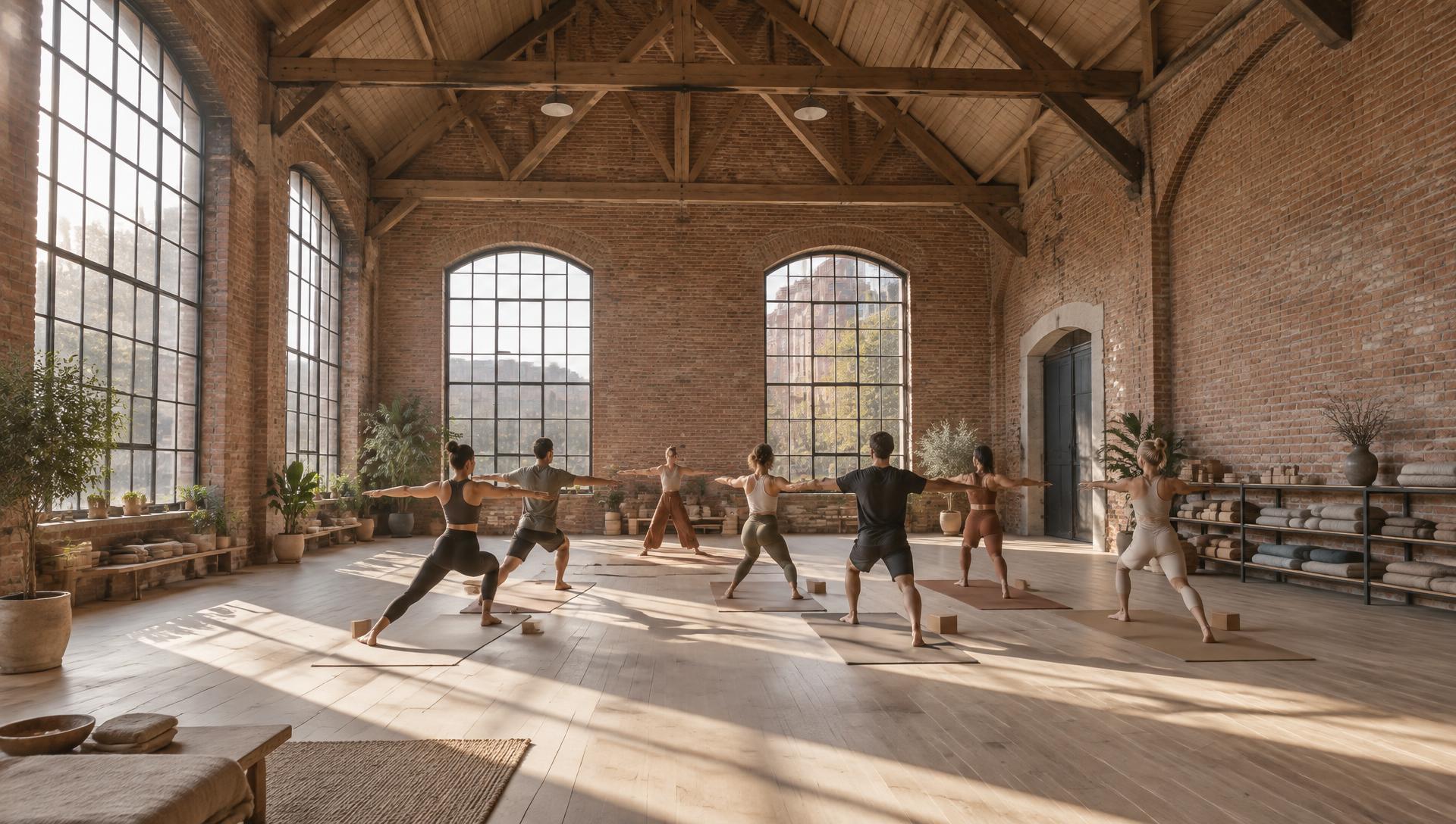 A teacher leading a class in warrior two in a tall brick studio with arched windows